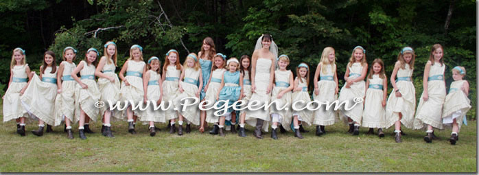 Bisque creme and adriatic aqua Blue silk flower girl dresses