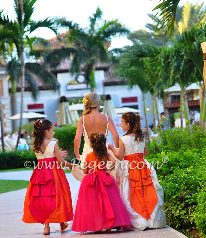 Flower Girl Dresses in Lipstick Pink, Mango, and Bisque