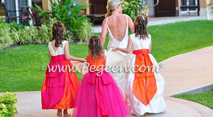 Flower Girl Dresses/Island Wedding of the Year 2014 in Mango Orange and Hot Boing Pink Flower Girl Dresses/Island Wedding of the Year 2014 in Mango Orange and Hot Boing Pink - Pegeen Styles (l to r) 345, 402, 403