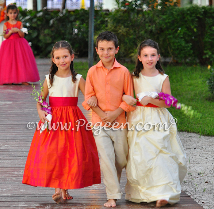 Flower Girl Dresses/Island Wedding of the Year 2014 in Mango Orange and Hot Boing Pink Flower Girl Dresses/Island Wedding of the Year 2014 in Mango Orange and Hot Boing Pink - Pegeen Styles (l to r) 345, Island Shirt, 403