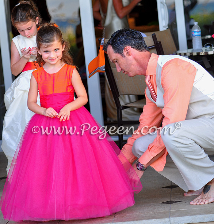 Flower Girl Dresses/Island Wedding of the Year 2014 in Mango Orange and Hot Boing Pink Flower Girl Dresses/Island Wedding of the Year 2014 in Mango Orange and Hot Boing Pink - Pegeen Couture 402, Rear 403