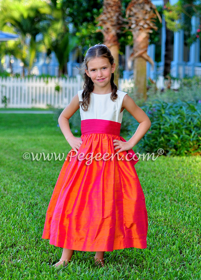 FLOWER GIRL DRESSES IN LIPSTICK PINK AND MANGO
