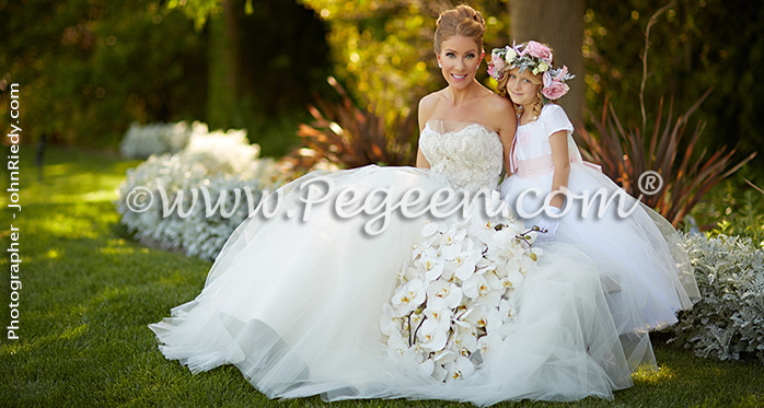 White tulle flower girl dress with pink embroidery