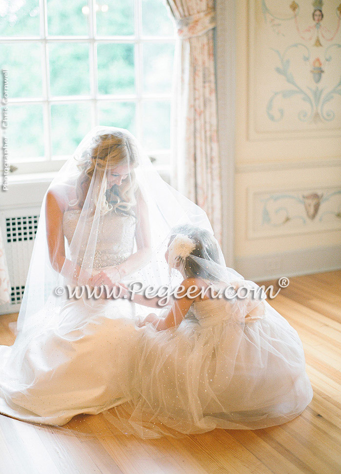 Toffee silk and tulle and Swarovski crystals flower girl dresses