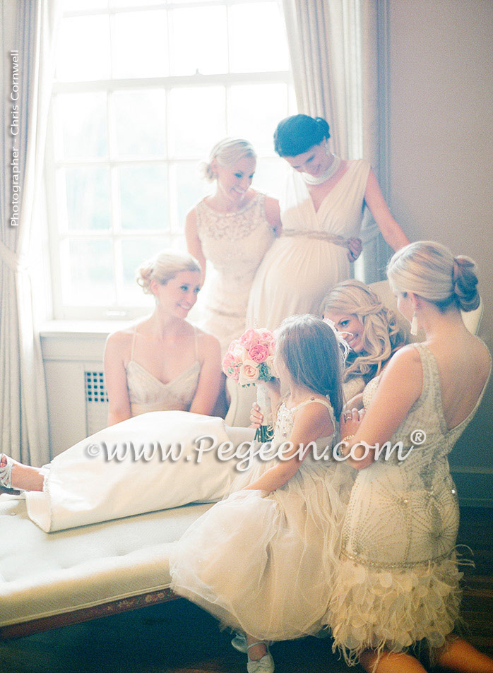 Toffee silk and tulle and Swarovski crystals flower girl dresses