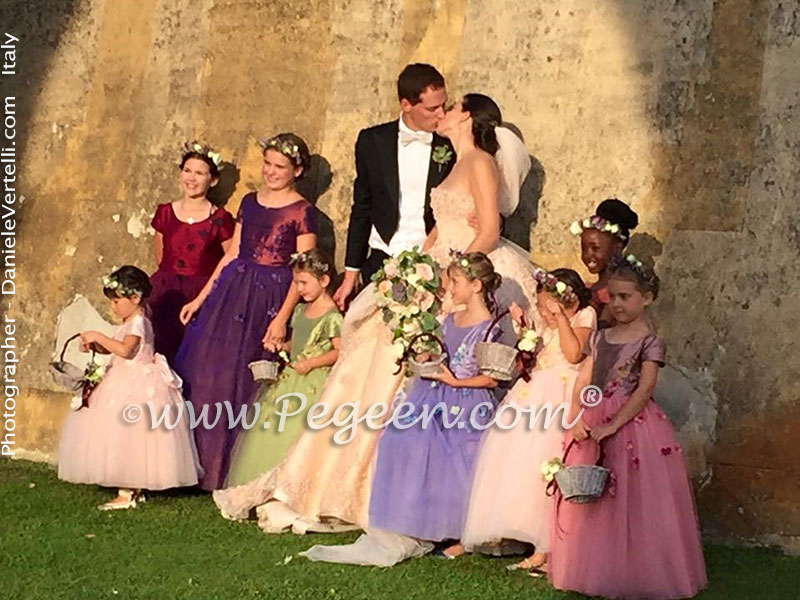2016 Flower Girl Dress/Wedding of the Year in multiple shades of silk and tulle, Swarovski Crystal and Hydrangea flower petals