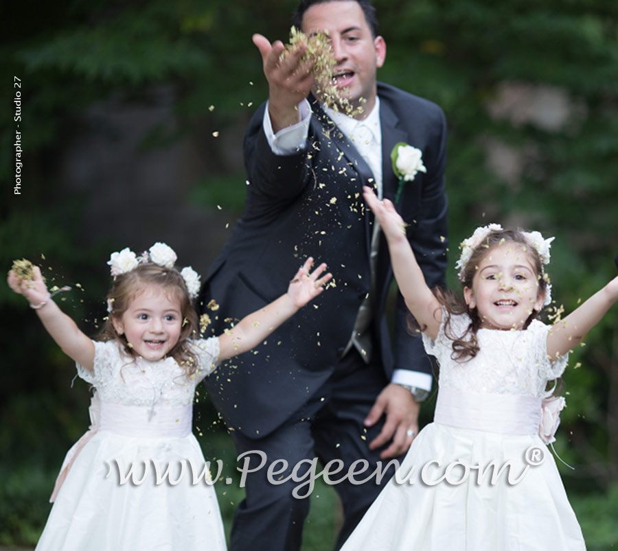 2016 Garden Wedding/ Flower Girl Dress Runner-Up in Ivory and Champagne Pink with Aloncon Lace Trim and Silk Flowers