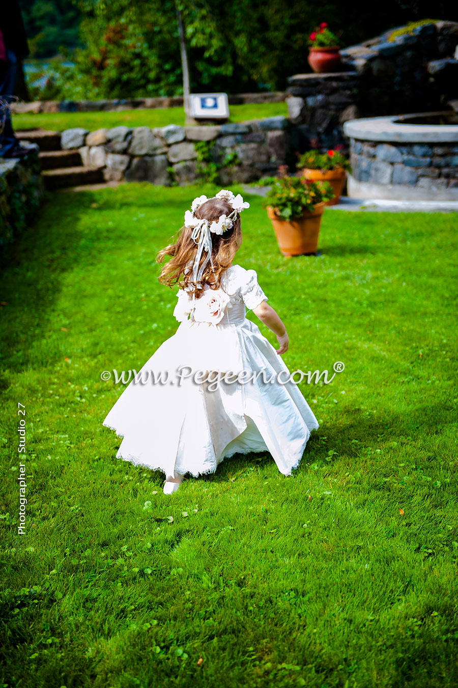 2016 Garden Wedding/ Flower Girl Dress Runner-Up in Ivory and Champagne Pink with Aloncon Lace Trim and Silk Flowers