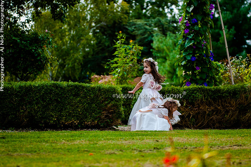 2016 Garden Wedding/ Flower Girl Dress Runner-Up in Ivory and Champagne Pink with Aloncon Lace Trim and Silk Flowers