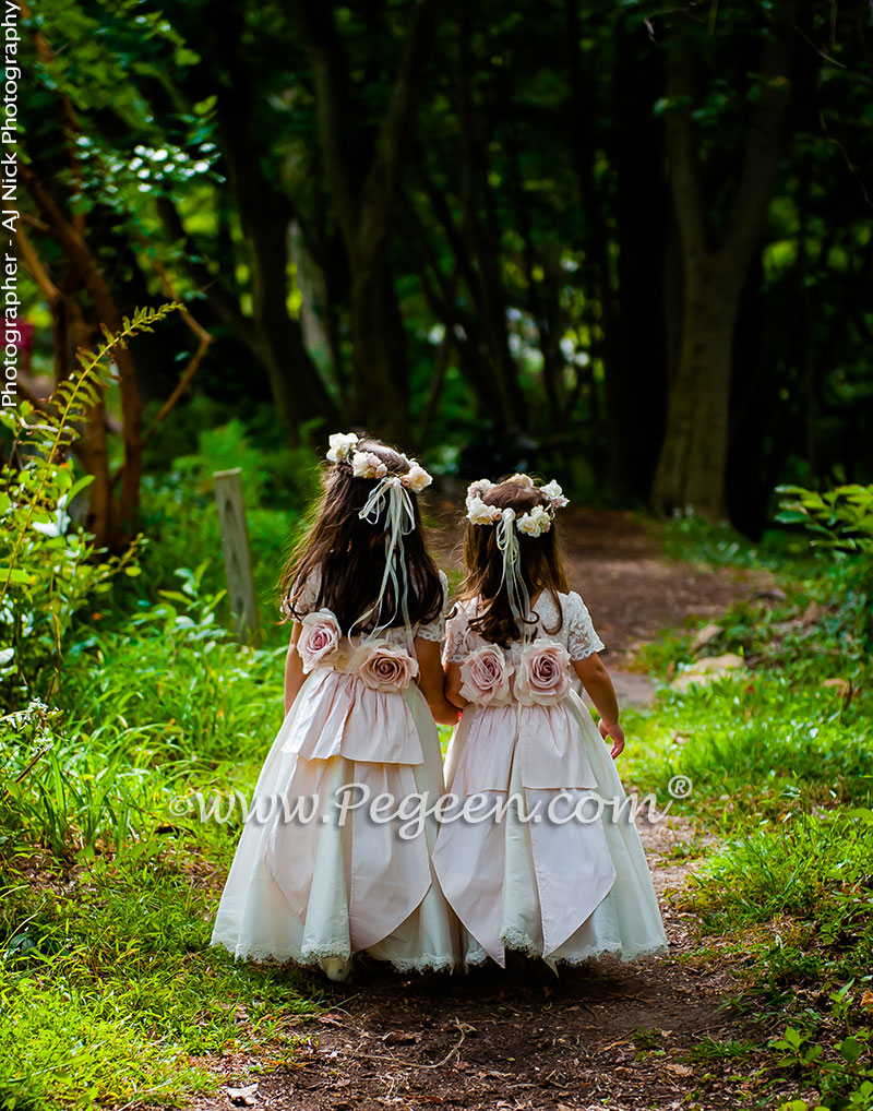 2016 Garden Wedding/ Flower Girl Dress Runner-Up in Ivory and Champagne Pink with Aloncon Lace Trim and Silk Flowers