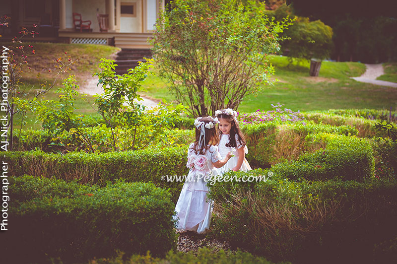 2016 Garden Wedding/ Flower Girl Dress Runner-Up in Ivory and Champagne Pink with Aloncon Lace Trim and Silk Flowers