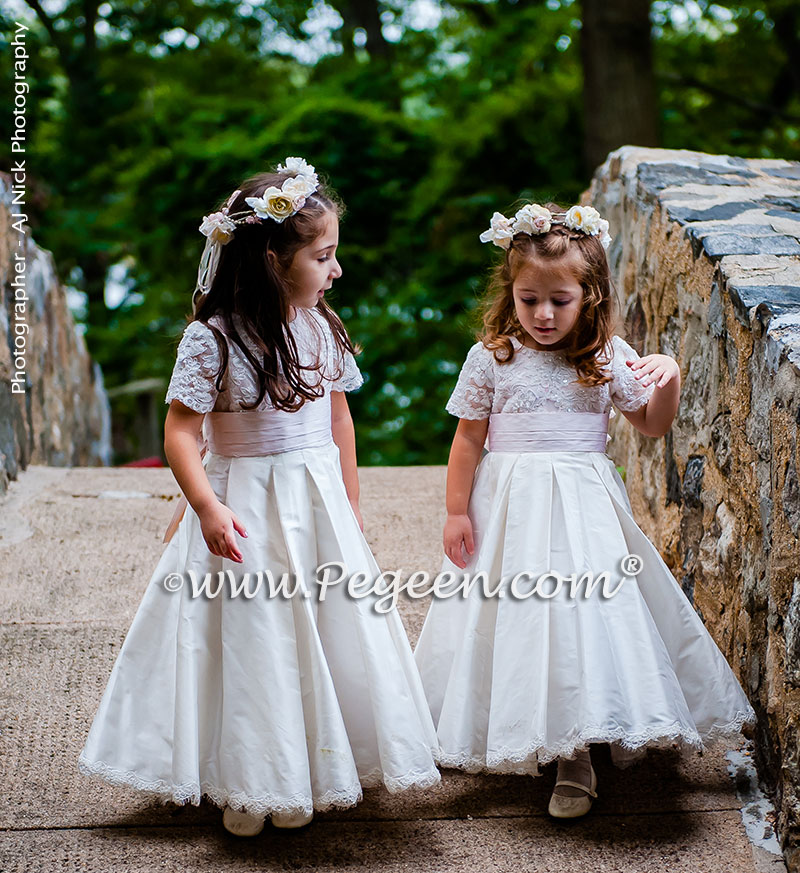 2016 Garden Wedding/ Flower Girl Dress Runner-Up in Ivory and Champagne Pink with Aloncon Lace Trim and Silk Flowers