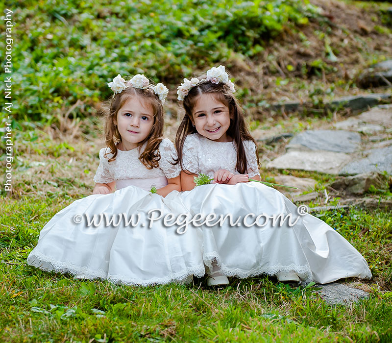 2016 Garden Wedding/ Flower Girl Dress Runner-Up in Ivory and Champagne Pink with Aloncon Lace Trim and Silk Flowers