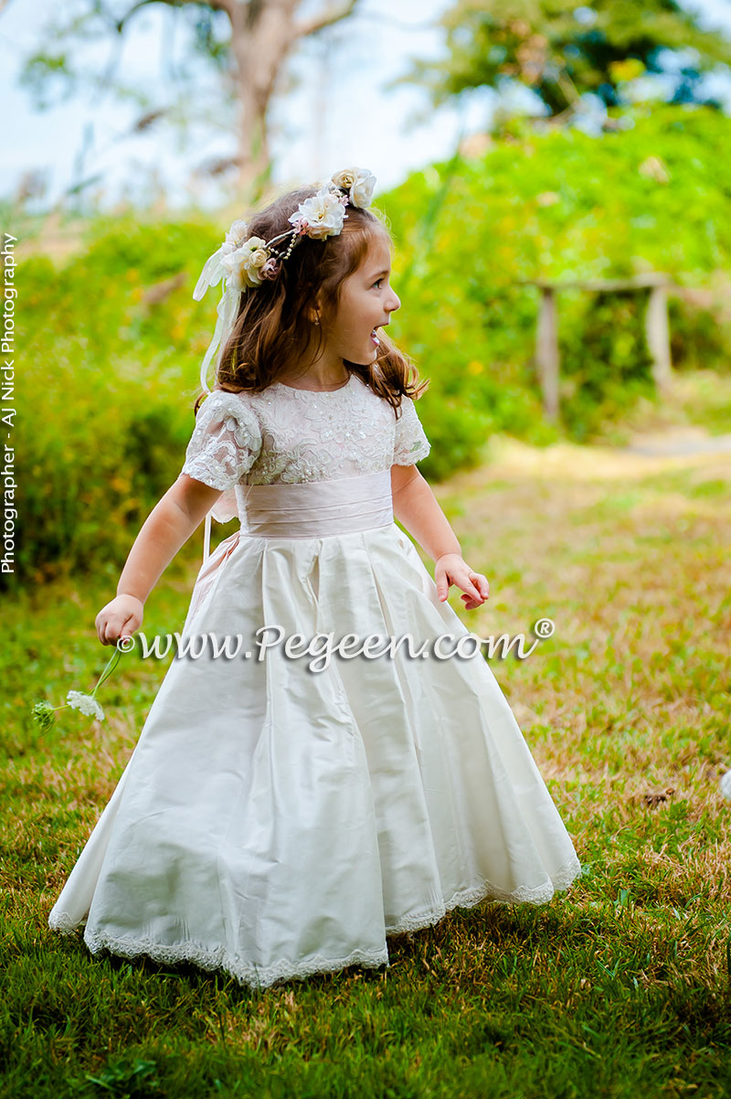 2016 Garden Wedding/ Flower Girl Dress Runner-Up in Ivory and Champagne Pink with Aloncon Lace Trim and Silk Flowers