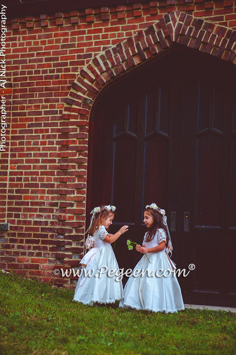 2016 Garden Wedding/ Flower Girl Dress Runner-Up in Ivory and Champagne Pink with Aloncon Lace Trim and Silk Flowers