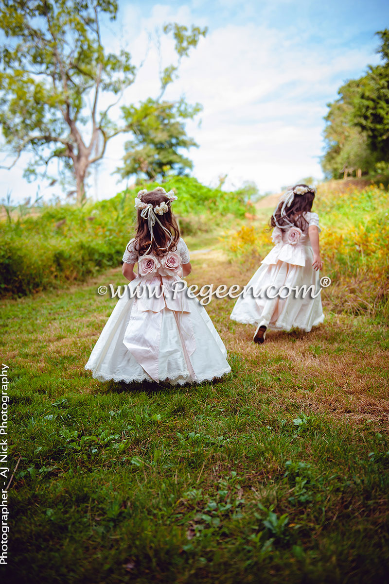 2016 Garden Wedding/ Flower Girl Dress Runner-Up in Ivory and Champagne Pink with Aloncon Lace Trim and Silk Flowers