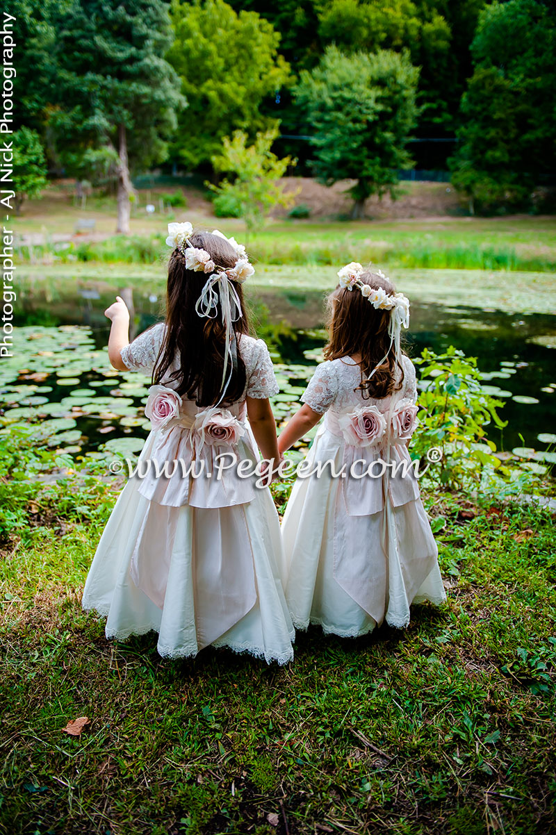 2016 Garden Wedding/ Flower Girl Dress Runner-Up in Ivory and Champagne Pink with Aloncon Lace Trim and Silk Flowers