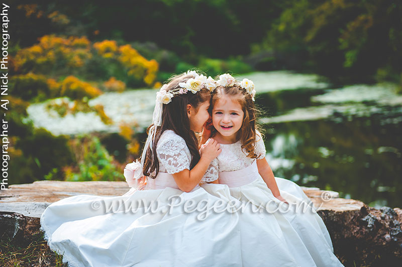 2016 Garden Wedding/ Flower Girl Dress Runner-Up in Ivory and Champagne Pink with Aloncon Lace Trim and Silk Flowers