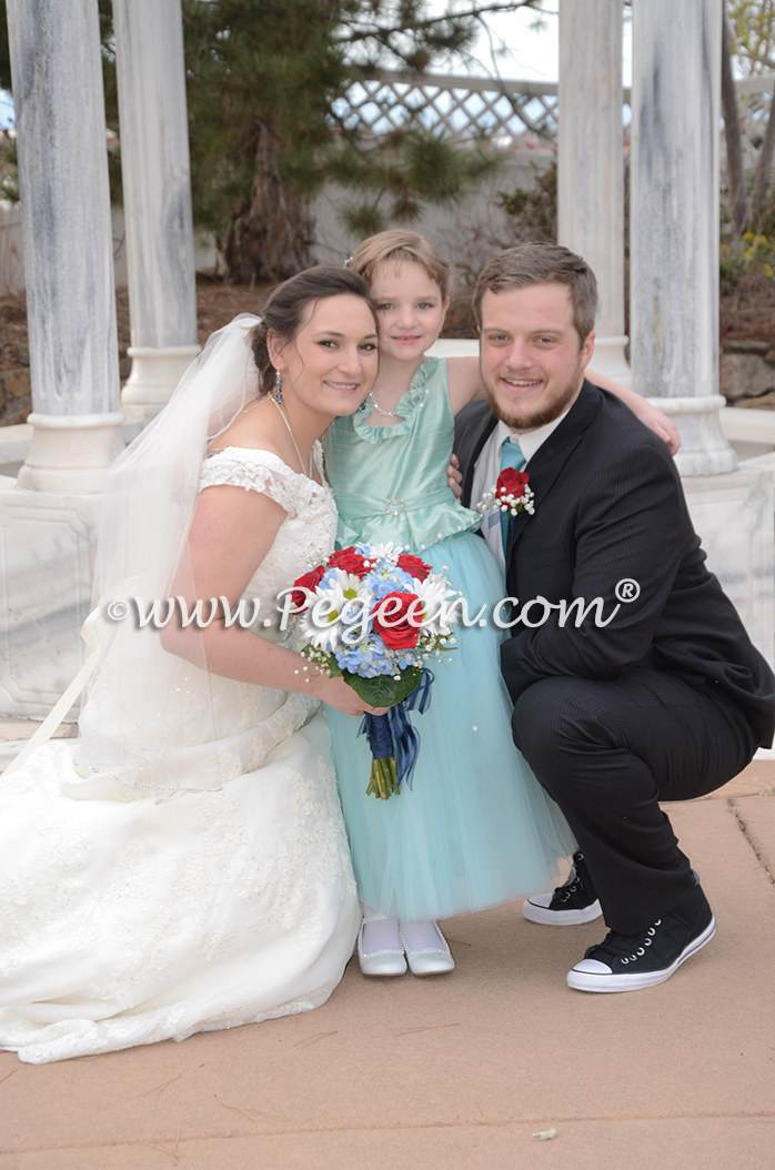 Cotillion or Couture Opal Fairy Flower Girl Dress w/tulle, Pearled Silk Trellis, and sparkle tulle with cinderella sash