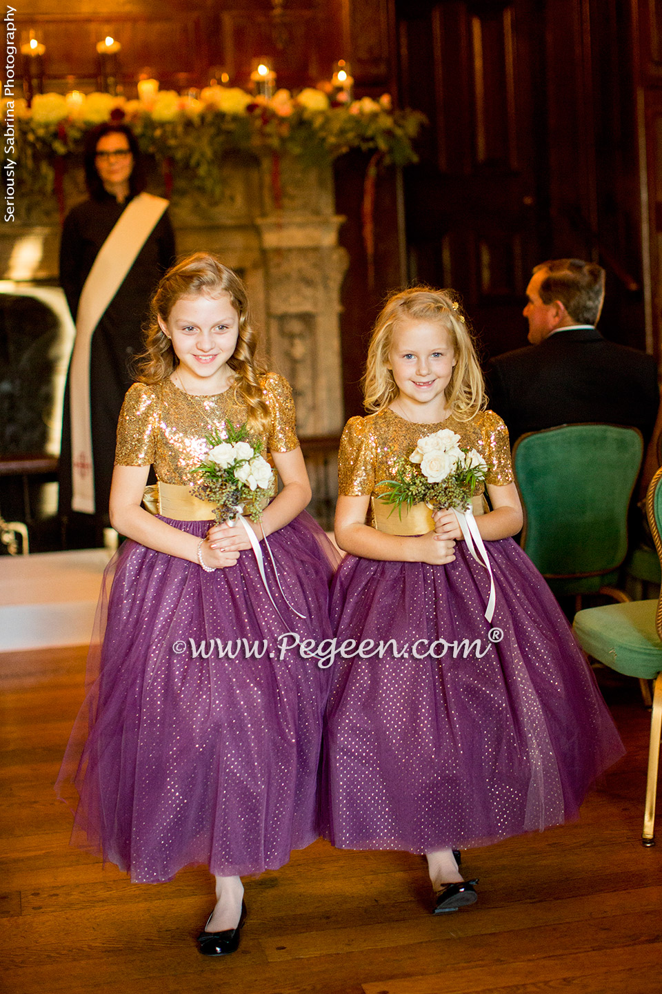 Eggplant and Gold Sequined Silk and Tulle flower girl dresses