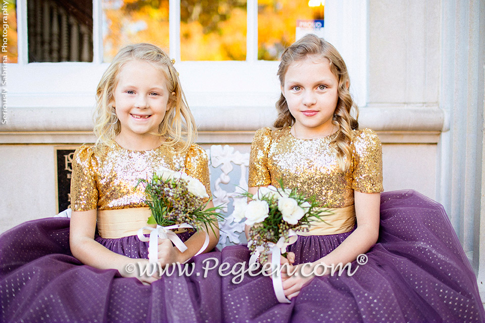 Eggplant and Gold Sequined Silk and Tulle flower girl dresses