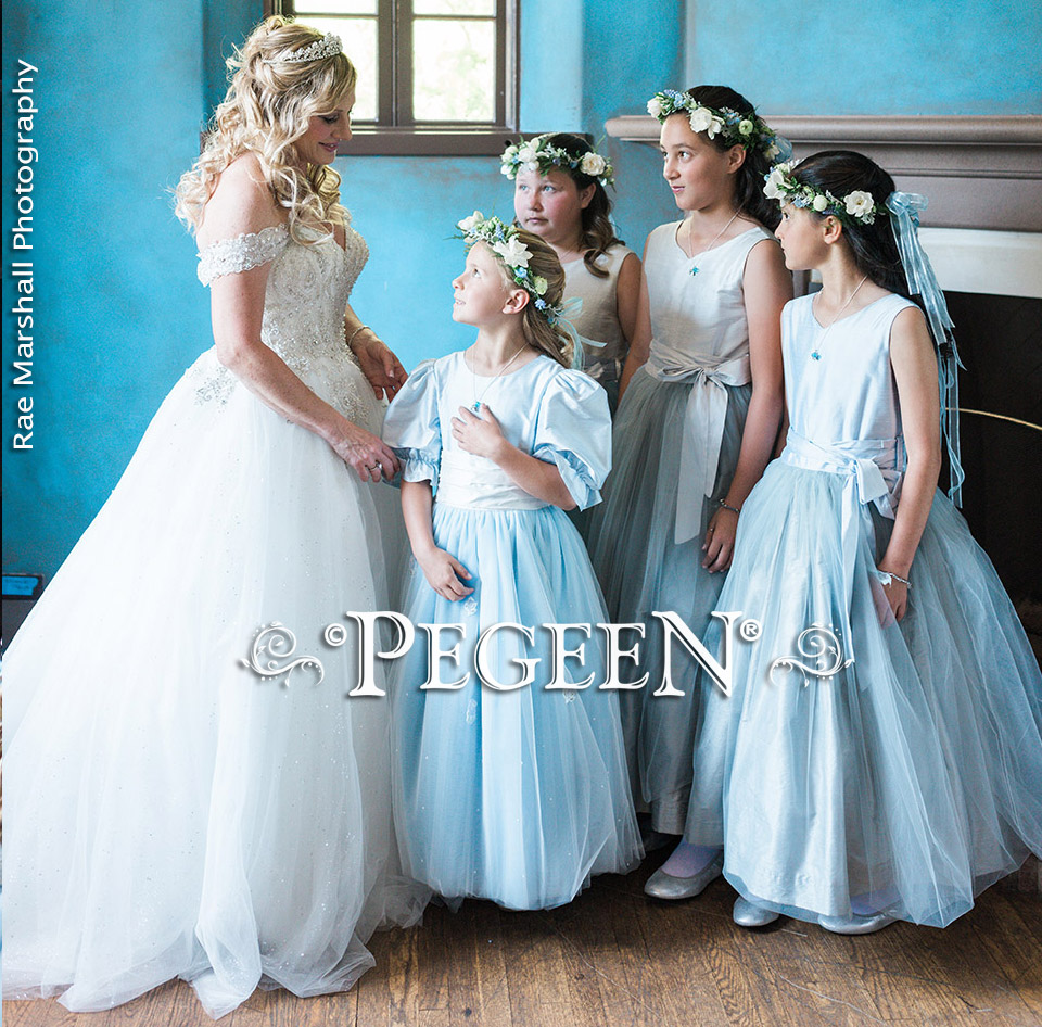 Flower girl dress in platinum gray and cloud blue silk and tulle | Pegeen