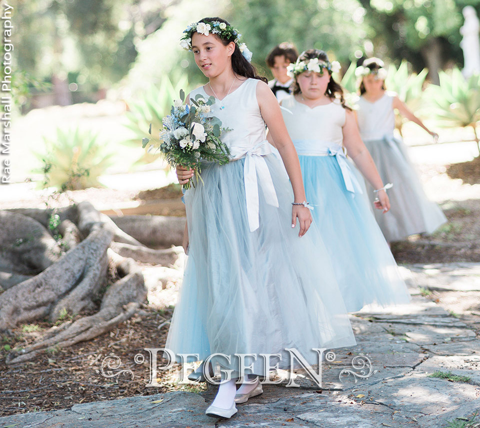 Gray and Blue Ice Tulle and Silk Flower Girl Dresses