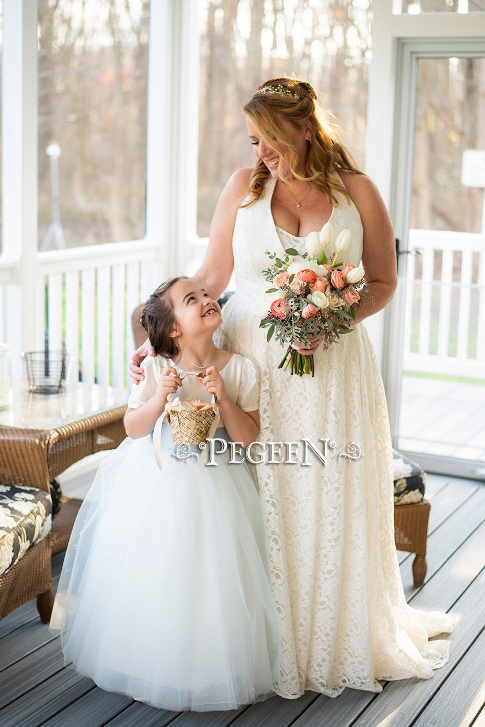 Cloud Blue and Ivory silk flower girl dress with a hint of blue in the skirt